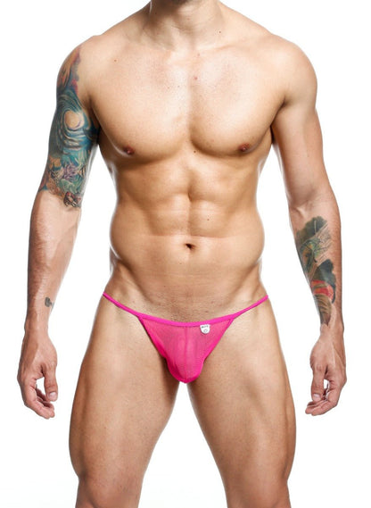 Bright pink mesh thong with small white logo on the front from mob mens sheer bikini final sale collection