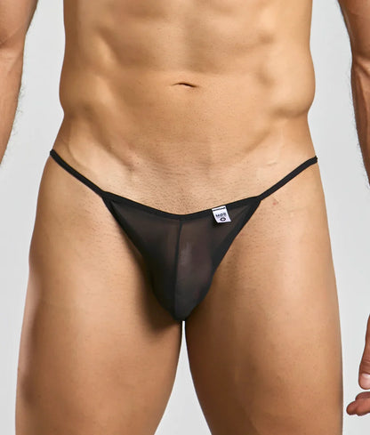 Mob mens sheer bikini black sheer mesh thong with thin elastic waistband and small white brand tag visible