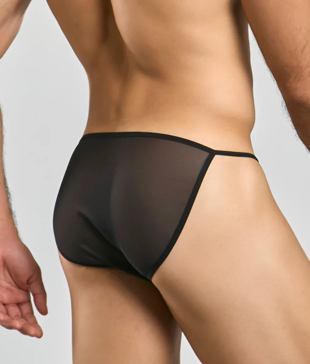MOB men’s sheer bikini black mesh briefs with sleek minimalist design shown from the front