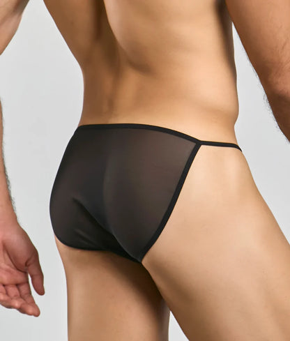 MOB men’s sheer bikini black mesh briefs with sleek minimalist design shown from the front