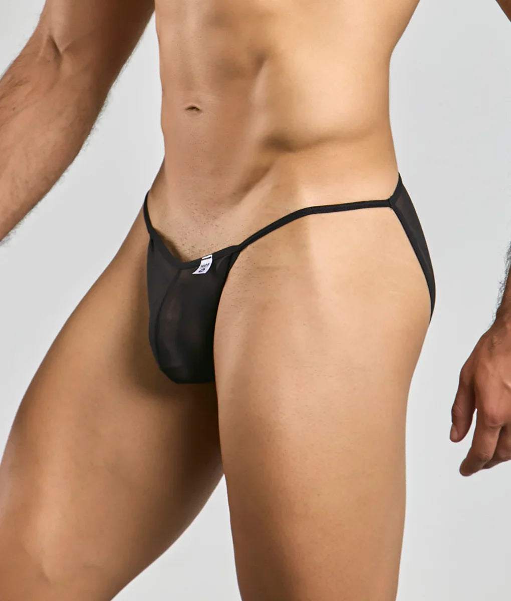 Mob men’s sheer bikini black mesh thong with thin elastic waistband and leg straps front view