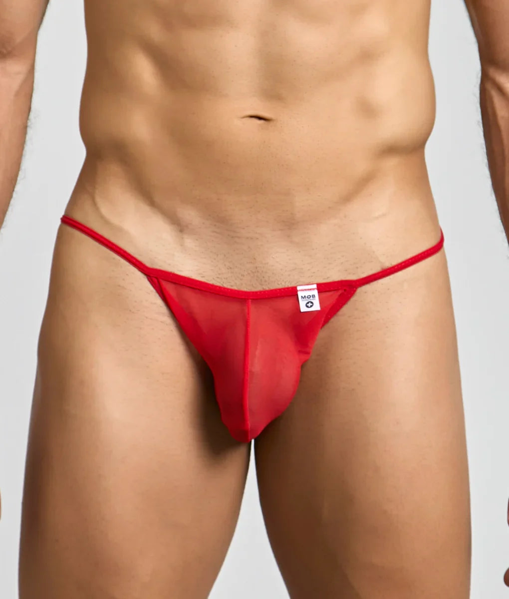 Mob men’s sheer bikini red sheer mesh thong with small white label at the front