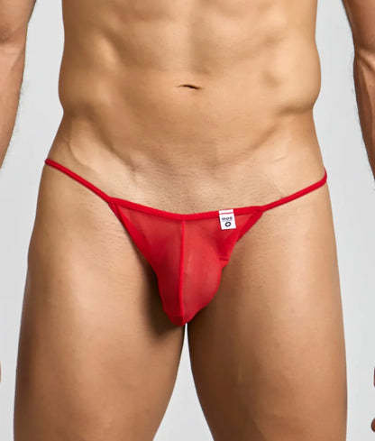 Mob men’s sheer bikini red sheer mesh thong with small white label at the front