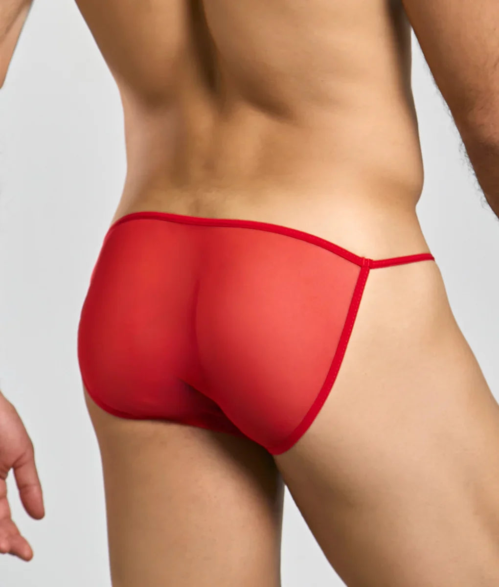 Mob men’s sheer bikini featuring a red sheer mesh thong with a solid red elastic waistband and leg straps