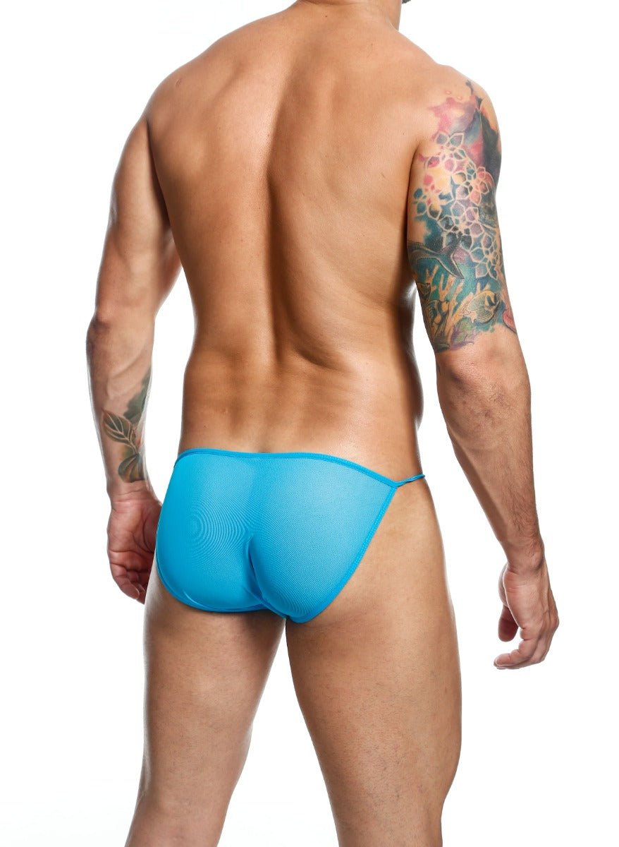 Mob men’s sheer bikini bright blue sheer mesh briefs with thin side ties front view