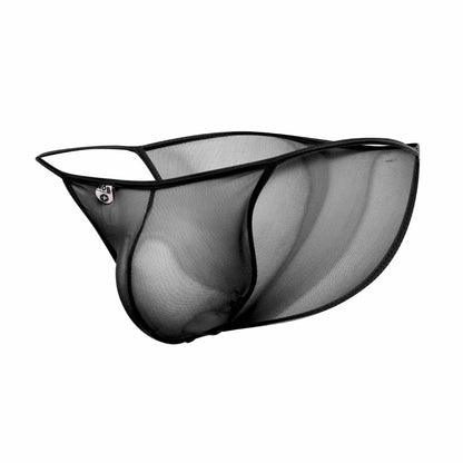 Black mesh MOB men’s sheer bikini briefs with a sleek form-fitting design and reinforced elastic trim