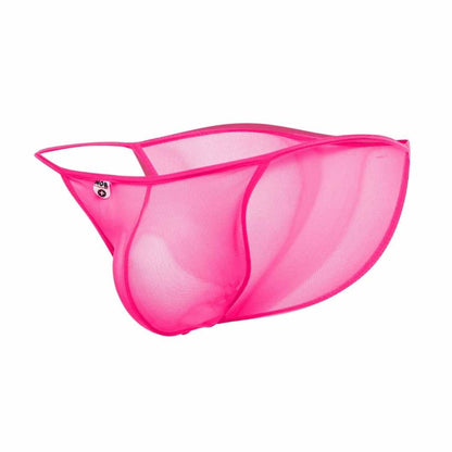 MOB men’s sheer bikini in vibrant pink mesh with sleek form-fitting design and reinforced elastic edges