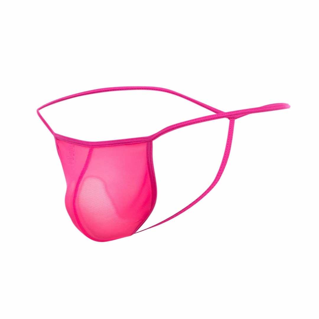 Bright pink sheer mesh t back thong with thin elastic straps from mob mens final sale collection back view
