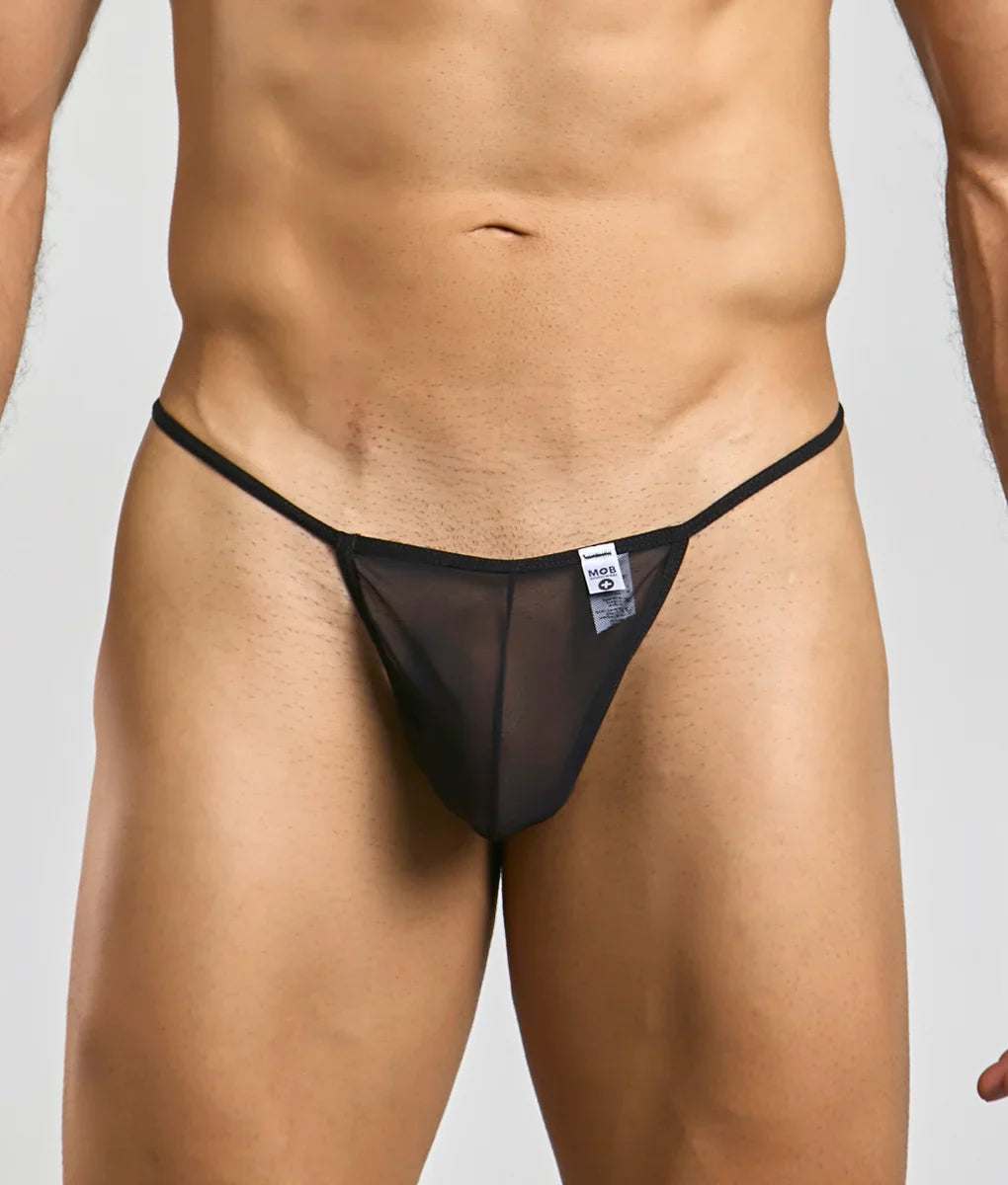 Black sheer mesh thong with thin elastic waistband shown from the back in mob mens sheer t back thong style