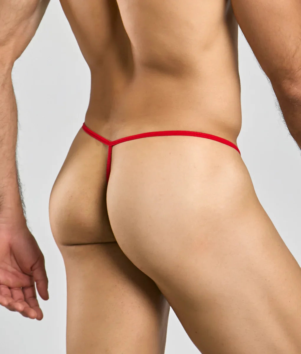 Red thong with thin smooth elastic band showing the back side from mob mens sheer t back thong collection