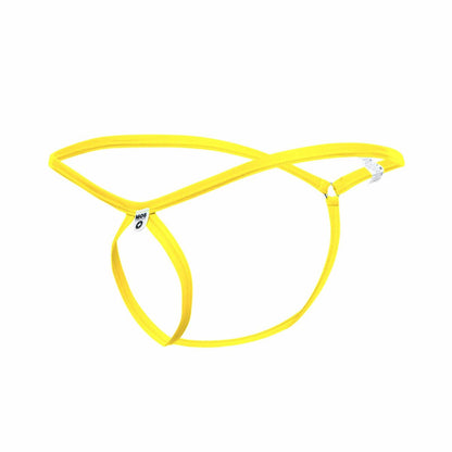 Bright yellow elastic fabric thong with crisscross design and small tags by MOB men’s tear drop string thong MBL24