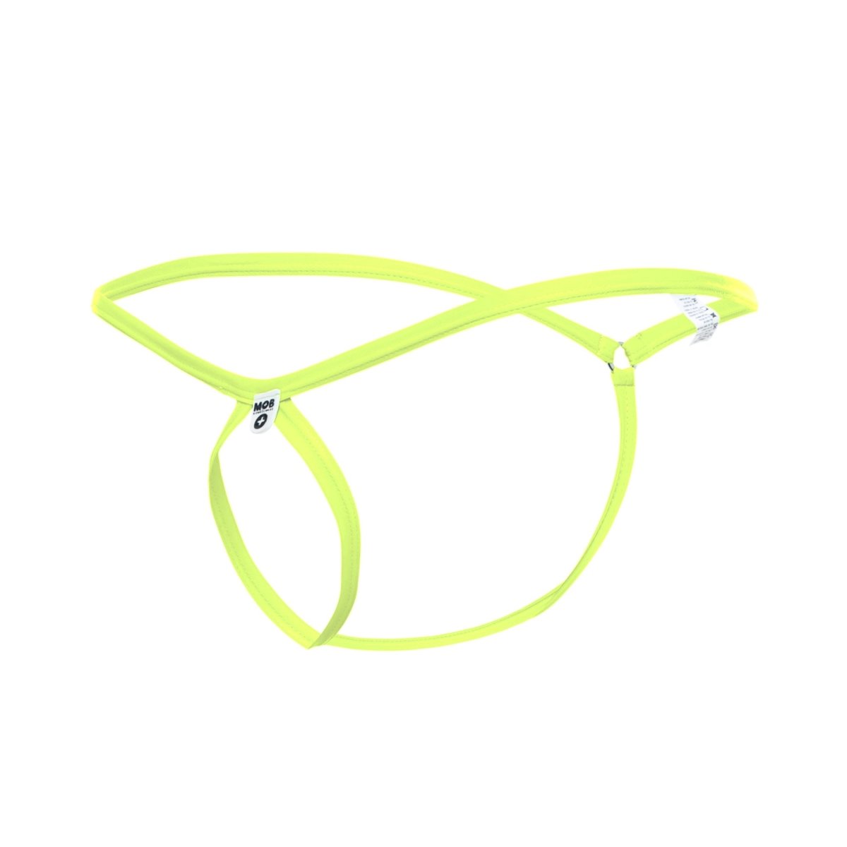 Bright neon green stretchy fabric mob men’s tear drop string thong with minimalist design and small brand tags