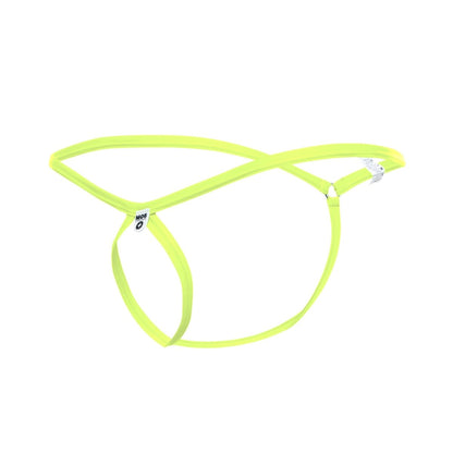 Bright neon green stretchy fabric mob men’s tear drop string thong with minimalist design and small brand tags
