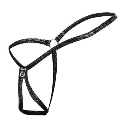 Black glittery mens tear drop string thong harness with small white logo tag by mob visible from the front