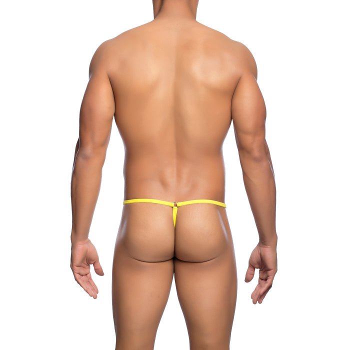 Bright yellow seamless thin thong from MOB mens tear drop string thong collection designed for comfort and style