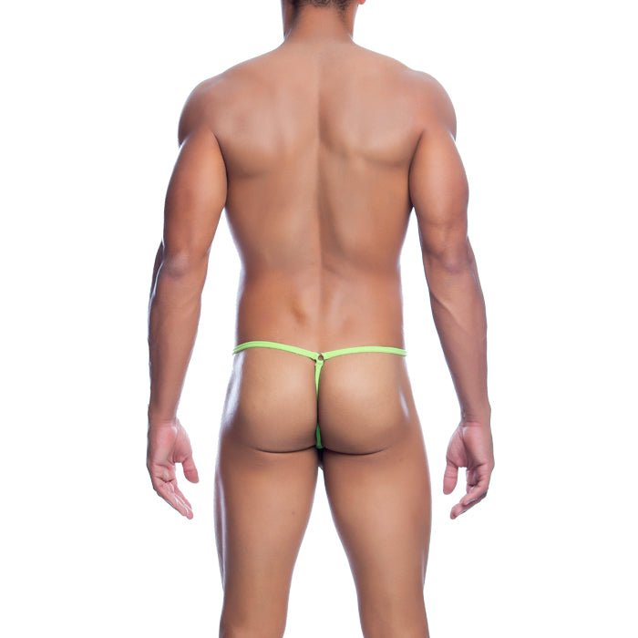 MOB men’s tear drop string thong in vibrant lime green with a thin seamless design shown from the back side