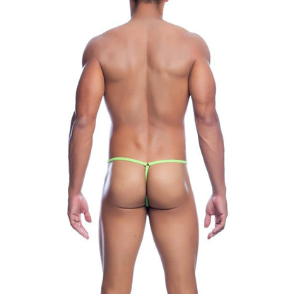 MOB men’s tear drop string thong in vibrant lime green with a thin seamless design shown from the back side