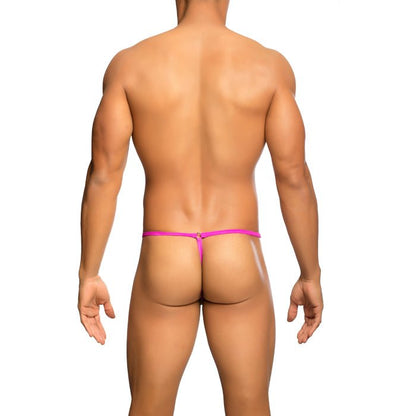 Back view of mob mens tear drop string thong in bright pink with thin smooth fabric waistband and small metal ring