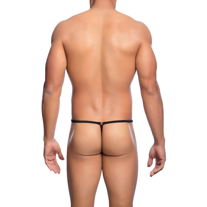 Black mob men’s tear drop string thong with thin smooth elastic band and small metallic clasp at center front