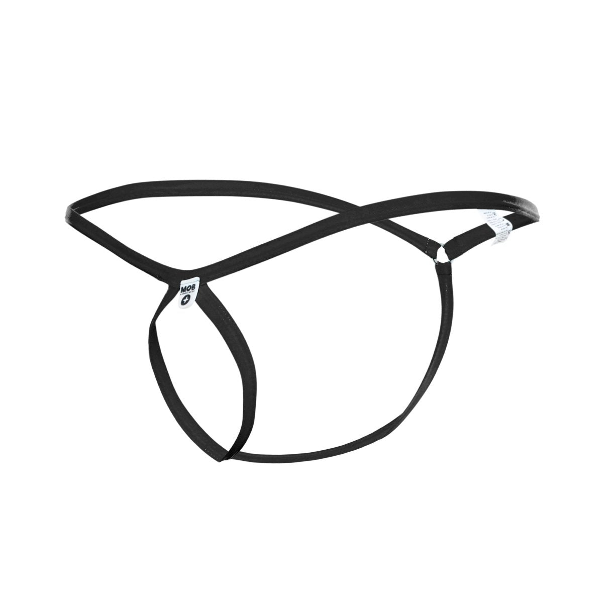 Black leather MOB men’s tear drop string thong with minimalist design and adjustable straps shown from the back