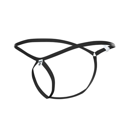 Black leather MOB men’s tear drop string thong with minimalist design and adjustable straps shown from the back