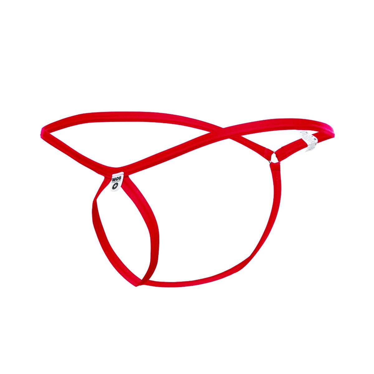 Red thong with sleek minimalist design and thin elastic straps shown from the back in mob mens tear drop string thong