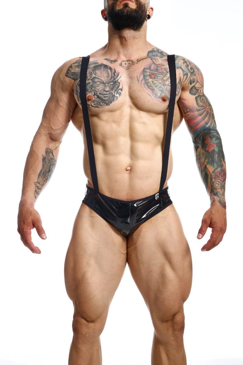 Black patent leather suspenders with glossy finish and adjustable straps shown from the back in mob open back body final sale