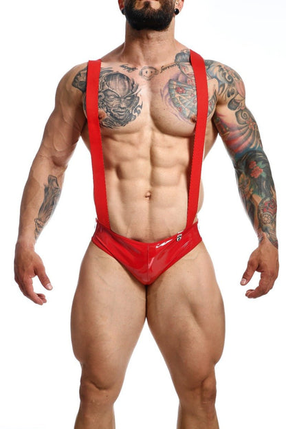 Red glossy latex suspenders with matching briefs set showing back side in mob open back body final sale collection