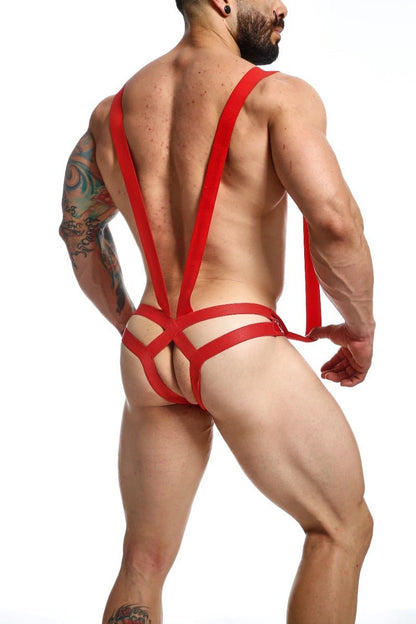 Red strappy harness-style undergarment with crisscross design showing the back side in the MOB open back body final sale collection