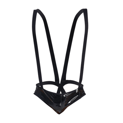Black patent leather harness with glossy finish and adjustable straps shown from the back in mob open back body final sale