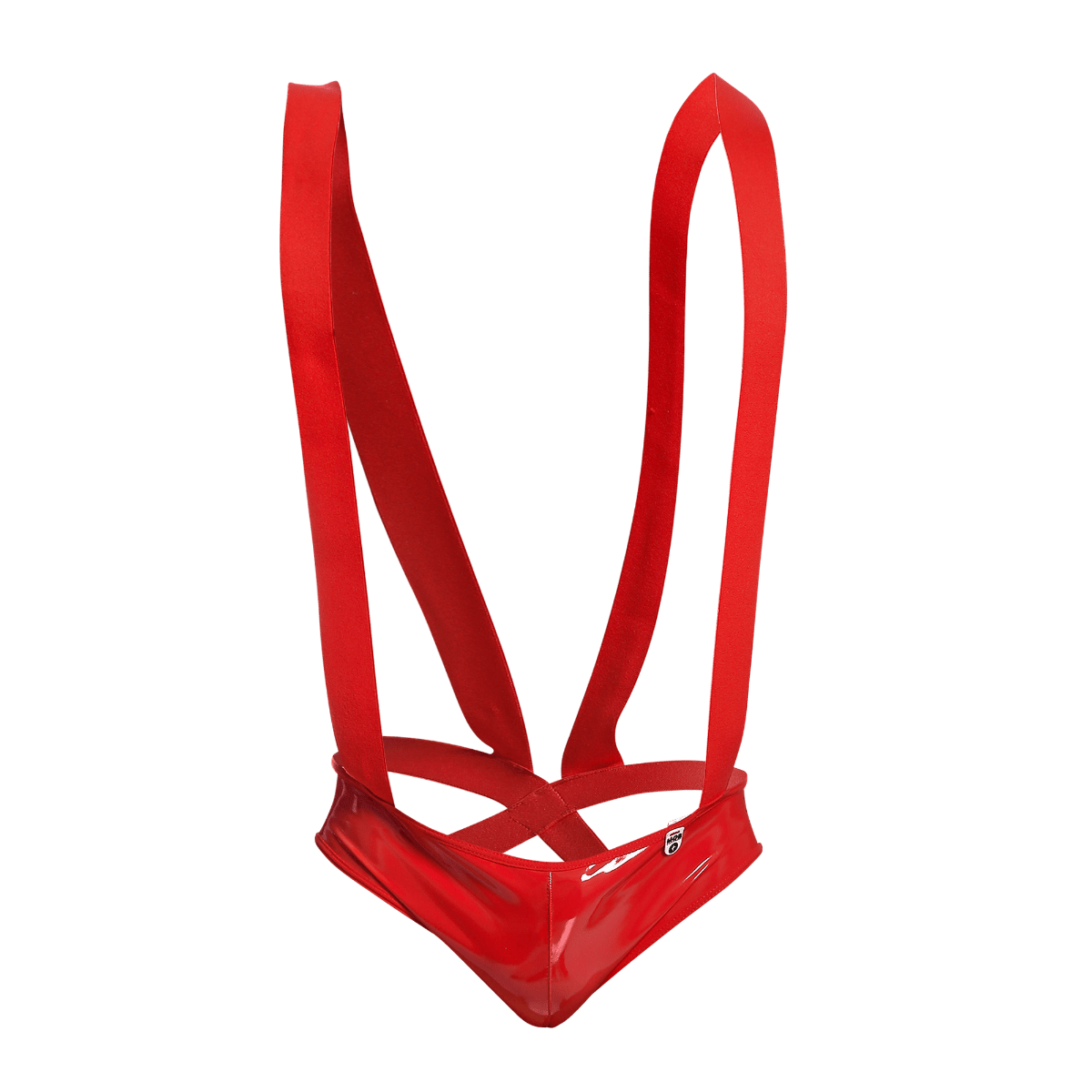 Red glossy plastic harness with wide straps and central cross-over design shown from the back in mob open back body final sale