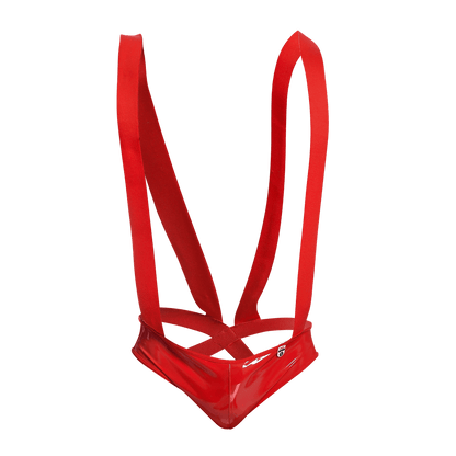 Red glossy plastic harness with wide straps and central cross-over design shown from the back in mob open back body final sale