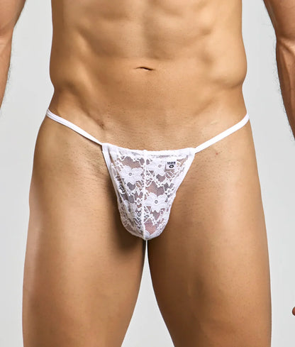 White lace thong with delicate floral pattern and thin elastic waistband showing the back side of MOB Print G-String New