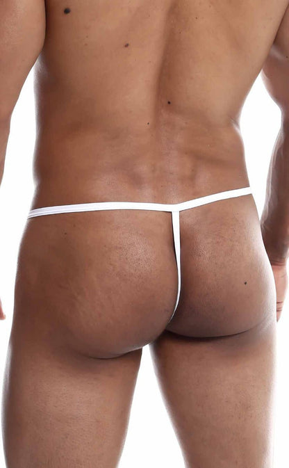White thong g-string with thin minimalist design showing the back side in MOB print final sale style