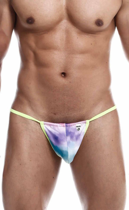 A vibrant tie-dye mob print g-string thong in purple blue and pink with a bright yellow elastic waistband