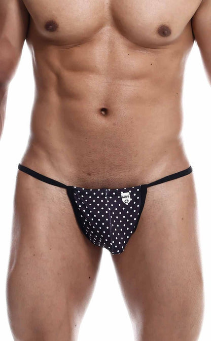 Black polka-dot thong g-string with small white logo on front in mob print out final sale style