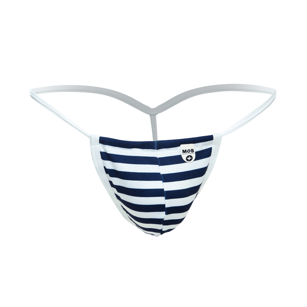 Navy and white striped thong with white elastic waistband from mob print g-string out final sale shown from the back side