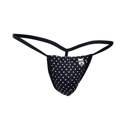 Black polka dot thong with white dots and small mob logo patch on front from mob print g-string out final sale