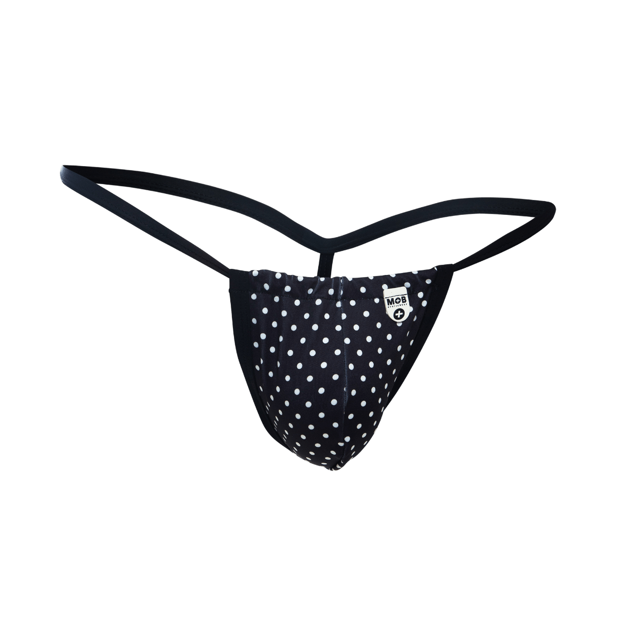 Black polka dot thong with white dots and small mob logo patch on front from mob print g string out final sale collection