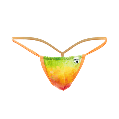 Vibrant rainbow tie-dye MOB Print g-string thong with orange elastic straps and soft stretchy fabric finish seen from the back
