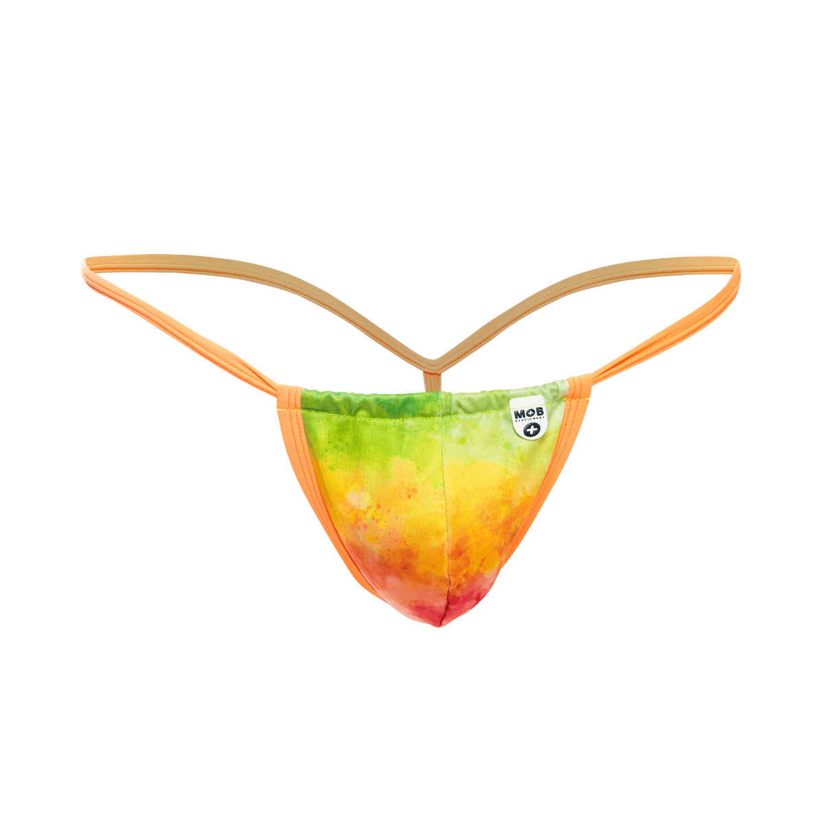 Vibrant rainbow tie-dye mob print g-string thong with orange elastic straps and soft stretchy fabric finish back side