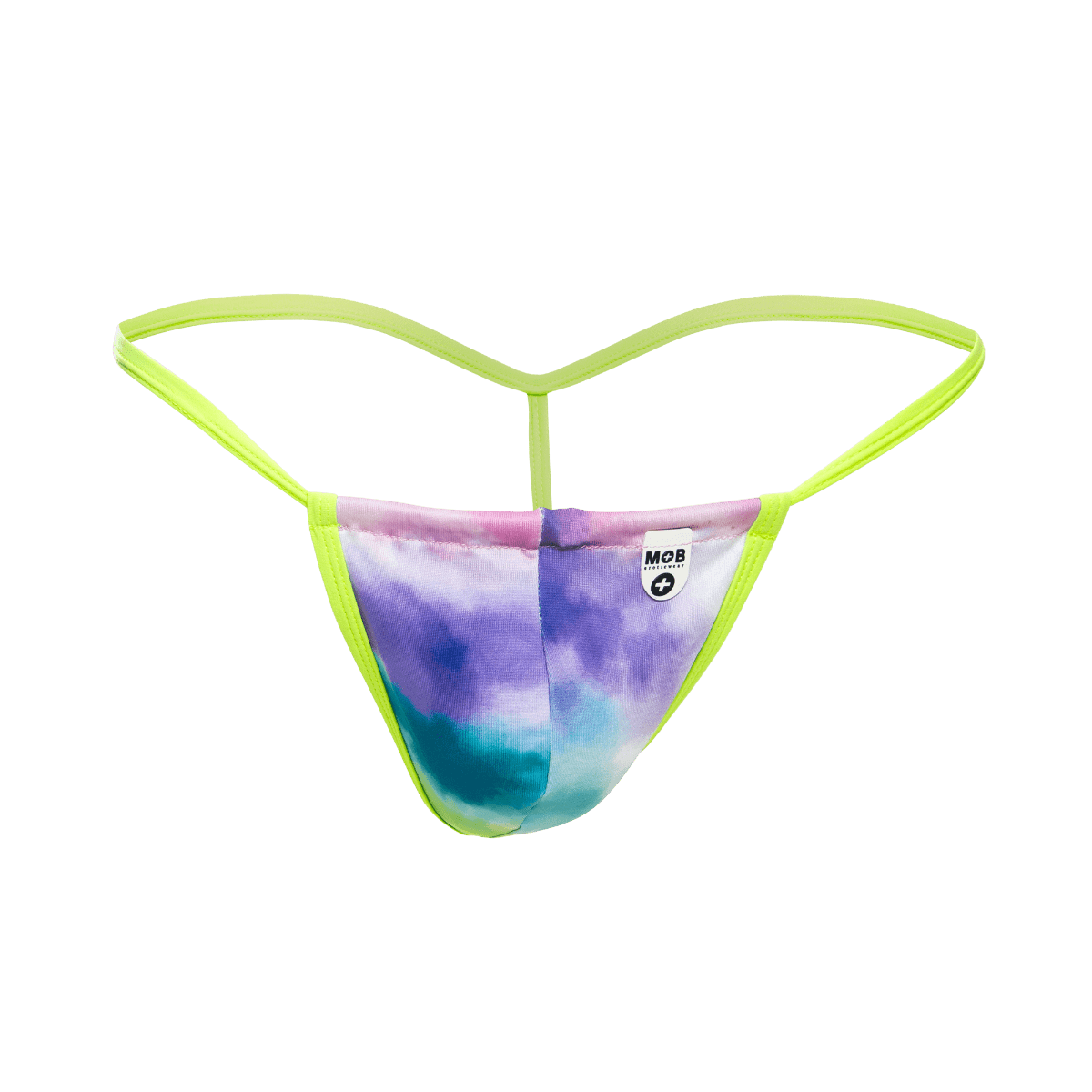 Vibrant tie-dye mob print g-string thong with neon green elastic straps and purple blue pink gradient hues