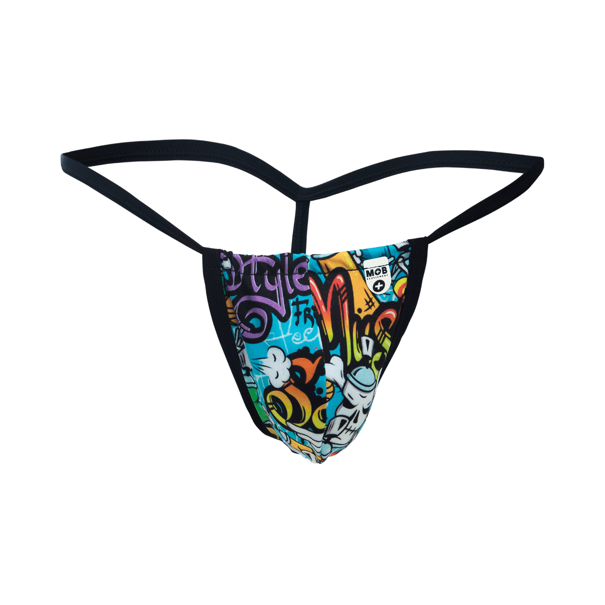 Vibrant graffiti-patterned thong with black elastic straps featuring bold colorful street art motifs back view