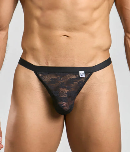 Black lace thong with solid black waistband and subtle pattern part of MOB sexy mesh and lace jockstrap collection