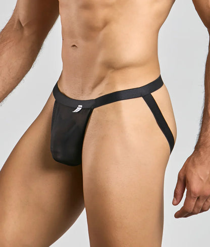 Black mesh briefs with a sleek minimalist design and small white logo on waistband from mob sexy mesh & lace jockstrap