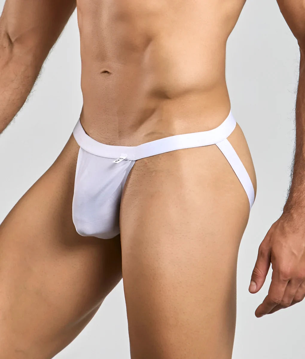 White minimalist thong with smooth fabric and thin side straps from mob sexy mesh and lace jockstrap collection
