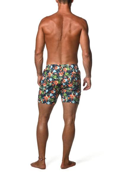 Men’s moritz 6 inch inseam swim shorts in navy blue with orange green and light blue tropical floral prints