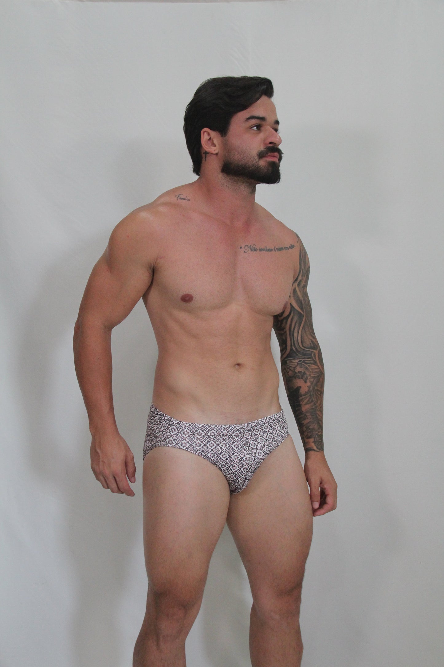Mosaico swim brief in gray and white with a geometric pattern designed for comfortable swimwear use