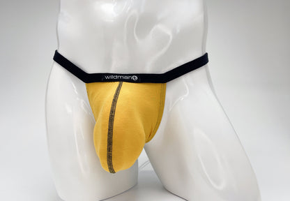 WildmanT gold modal micro thong with a prominent big boy pouch, featuring black waistband and contrast stitching.