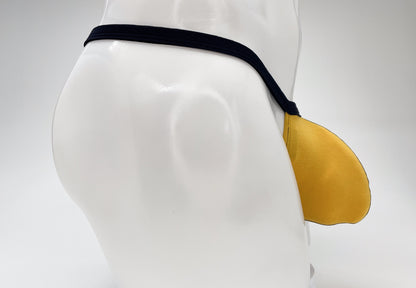 Gold Modal thong with a prominent, spacious pouch and a slim black waistband on a white mannequin.